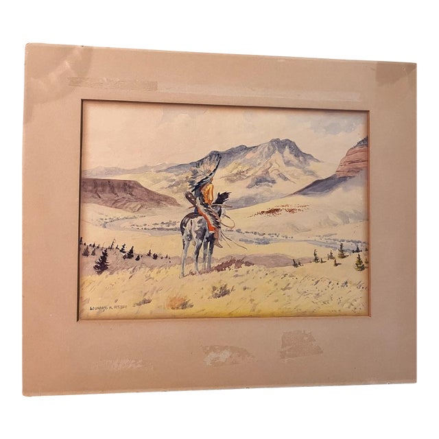 1940s Leonard H. Reedy Original Western Watercolor, Native American Horseback Rider, 9” X 12” For Sale