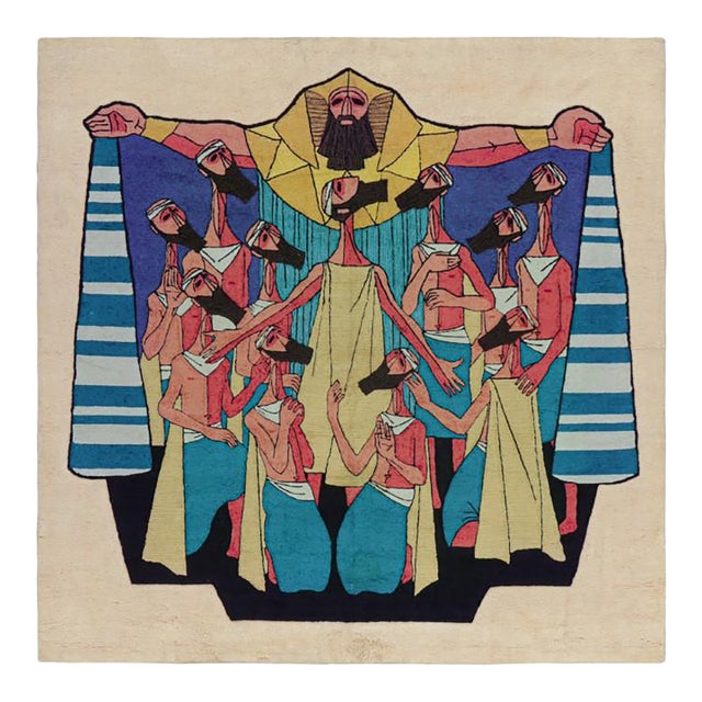 Vintage Jewish Pictorial Tapestry in Gold, Blue and Orange Tones | Rug & Kilim For Sale