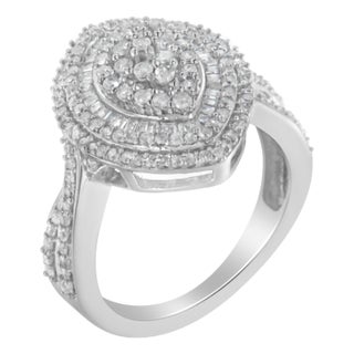 .925 Sterling Silver 1.0 Cttw Round & Baguette-Cut Diamond Marquise-Shaped Cluster Triple Stepped Halo Cocktail Fashion Ring - Size 8 For Sale