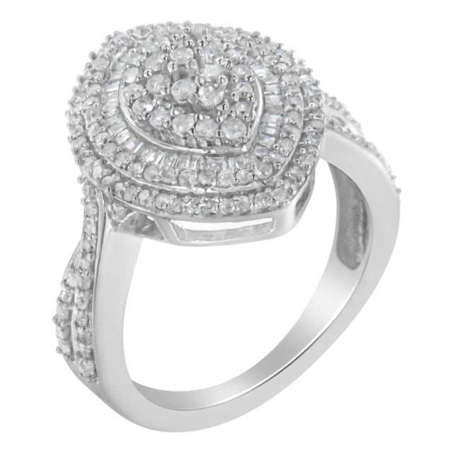.925 Sterling Silver 1.0 Cttw Round & Baguette-Cut Diamond Marquise-Shaped Cluster Triple Stepped Halo Cocktail Fashion Ring - Size 8 For Sale