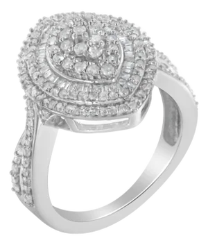 .925 Sterling Silver 1.0 Cttw Round & Baguette-Cut Diamond Marquise-Shaped Cluster Triple Stepped Halo Cocktail Fashion Ring - Size 8