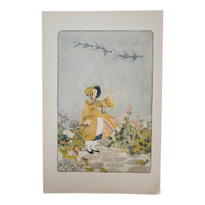1920 Art Print of a Young Girl in Flower Garden Reproduction