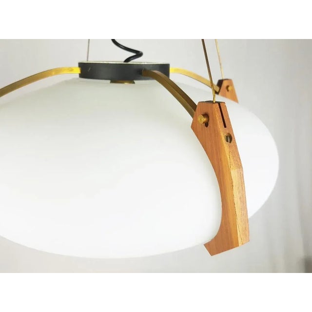 Mid-Century Modern Italian Opaline Glass, Brass & Teak Pendant Lamp, 1950s For Sale - Image 3 of 13
