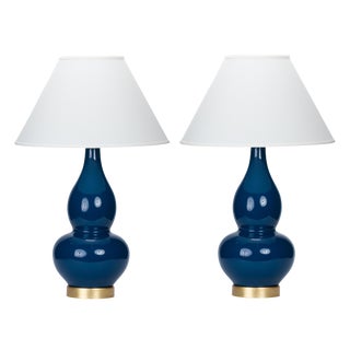 Casa Cosima Double Gourd Table Lamp, Prussian Blue/Ivory Shade, a Pair For Sale
