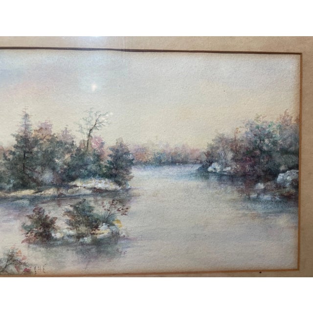 19th Century Antique 19th Century Orig ZHR Winter River Watercolor Realism Landscape Painting For Sale - Image 5 of 11