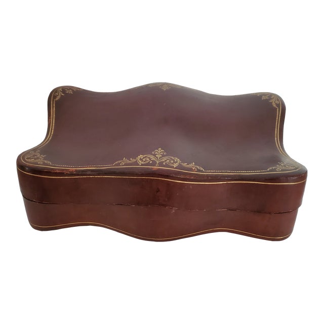 1940s Mid Century Leather Italian Gilt Decorated Jewel Box For Sale