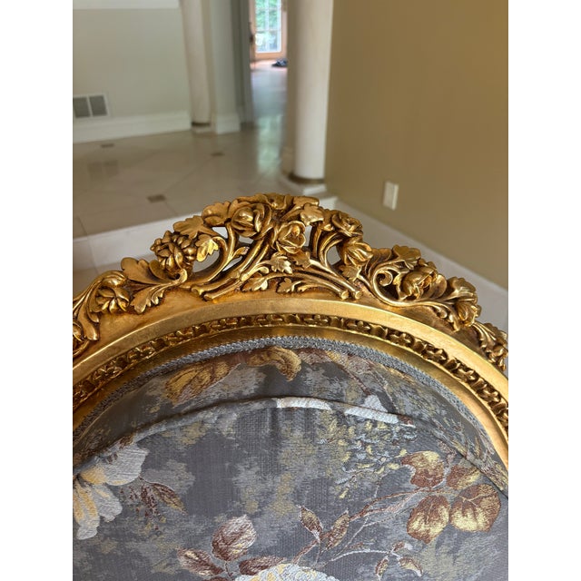 Gray 1990s Vintage Pair of Asnaghi Fauteuil Giltwood Carved Armchairs With Silk Floral Upholstery For Sale - Image 8 of 11