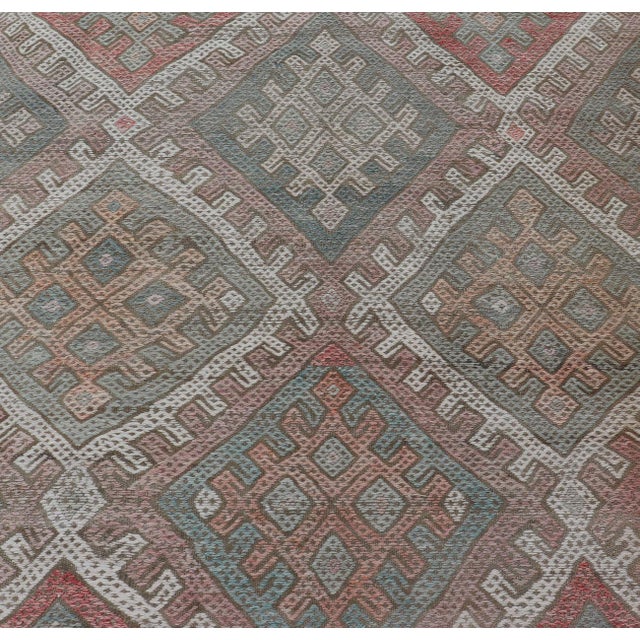 Vintage Turkish Embroidered Kilim Rug With Geometric Diamond Design 6'3 X 10'4 For Sale - Image 9 of 15