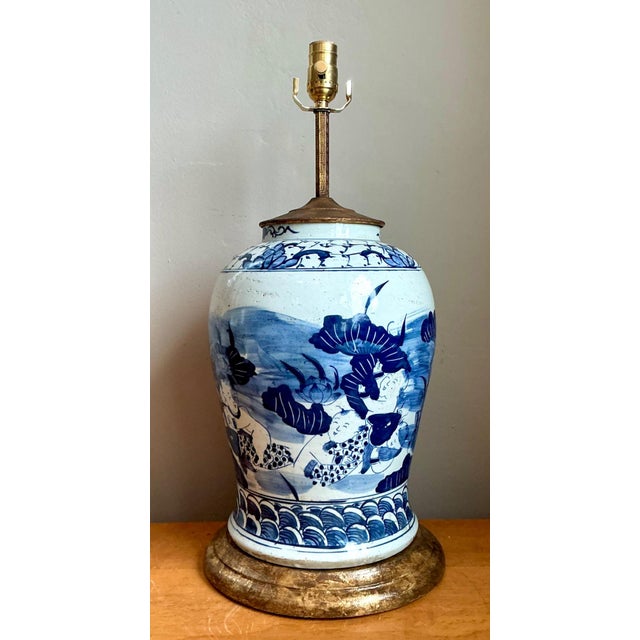 Antique Style Blue Ceramic Lamp With Wooden Base For Sale - Image 14 of 17