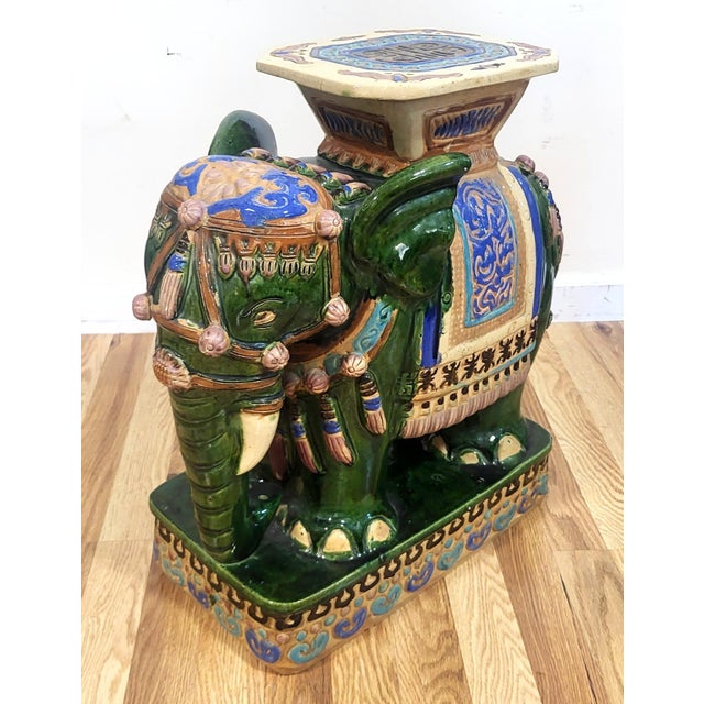 Ceramic Pair Vintage Chinese Asian Glazed Terracotta Elephant Garden Stool Table Benches For Sale - Image 7 of 18