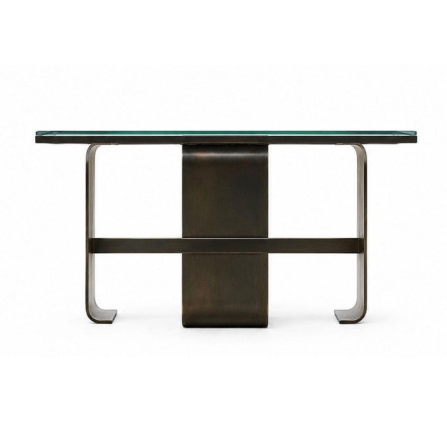 Steel base with glass top. Brand: Marmol Radziner. Original Price: $5000. Dimensions (in): 32W x 32D x 20H.
