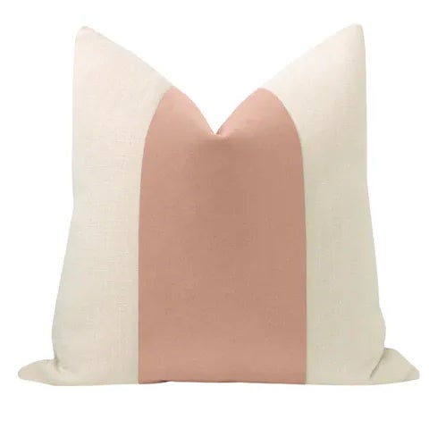 Pair of beautiful 22" natural linen pillows with a blush mohair velvet center and solid natural linen reverse....