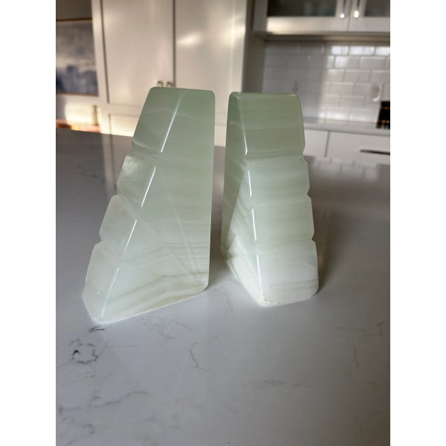Mid-Century Modern Mid-Century Onyx Marble Bookends Light Green & White With Etched Sunburst Detail- a Pair For Sale - Image 3 of 10