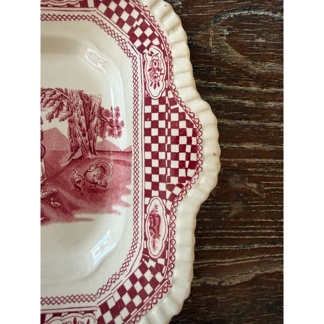 Red Antique W. Adams & Sons Red Transferware Cake Plate | Old English Rural Scenes | Square Handled Serving Plate England For Sale - Image 8 of 12