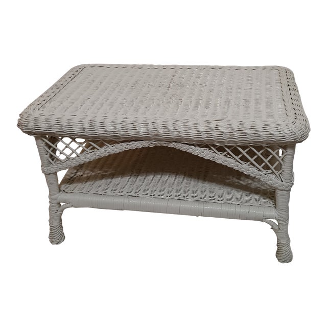Vintage Shabby Chic White Wicker Coffee Table For Sale