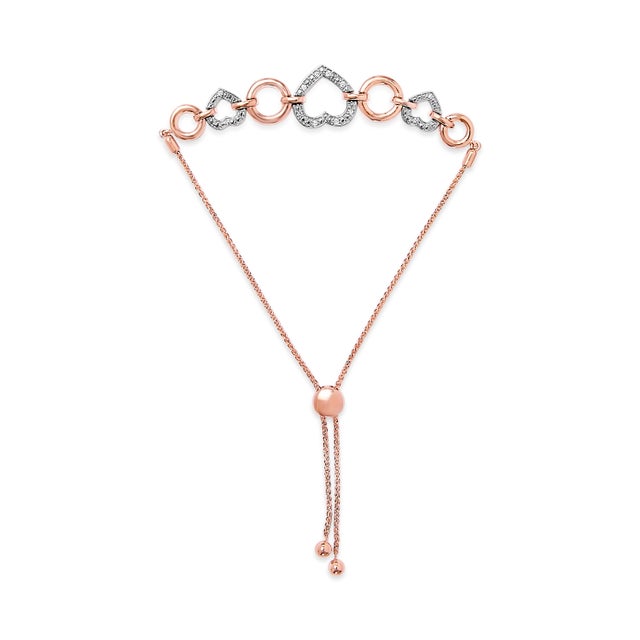 Contemporary 14K Rose Gold Plated .925 Sterling Silver Diamond Accent Circle and Heart Link Adjustable 6”-10” Bolo Bracelet (I-J Color, I3 Clarity) For Sale - Image 3 of 6