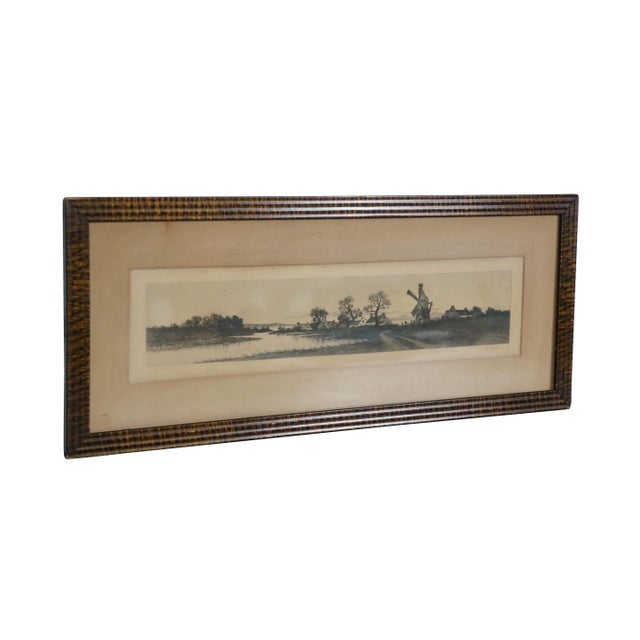 French Country Late 19th Century Antique Henri Le Riche Signed Windmill Riverscape Landscape Etching 26", Framed For Sale - Image 3 of 12