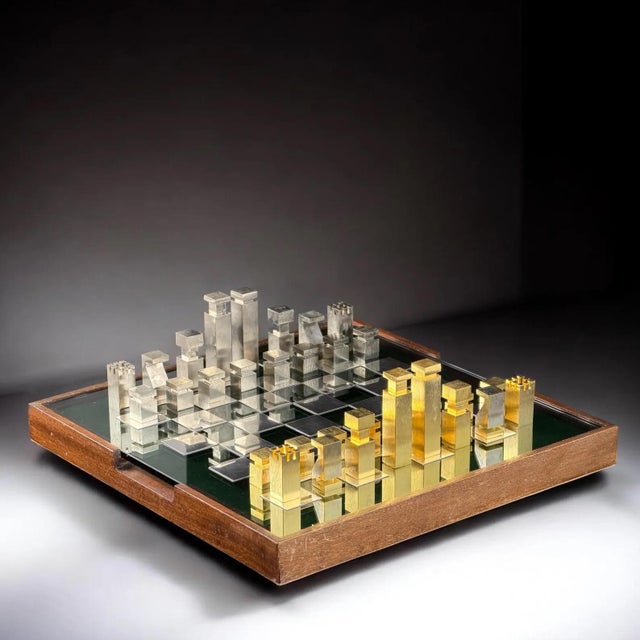 Custom Metal Chess Set with Glass Board and Storage Box in the style of Hermès, 1980s, Set of 33 For Sale - Image 4 of 17