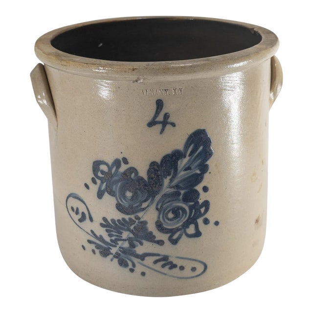 19th Century Albany Stoneware Farmhouse 4 Gallon Crock With Cobalt Decoration For Sale