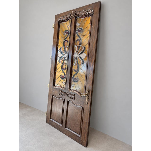 Art Nouveau Vintage Carved Oak Entry Door With Art Nouveau Leaded Glass Sidelights For Sale - Image 3 of 5