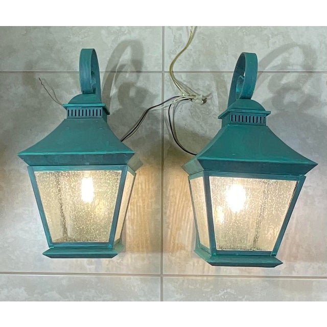Pair of Vintage Solid Brass Outdoor Lanterns – Arts & Crafts Mission Style For Sale - Image 13 of 13