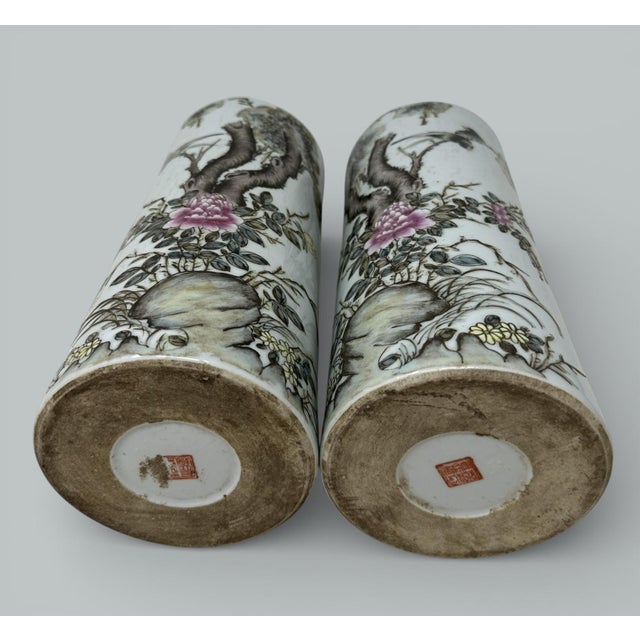 Ceramic Antique Pair Rose Medallion Chinese Porcelain Brush Wash Vases Arrtib. Liu Yucen For Sale - Image 7 of 12