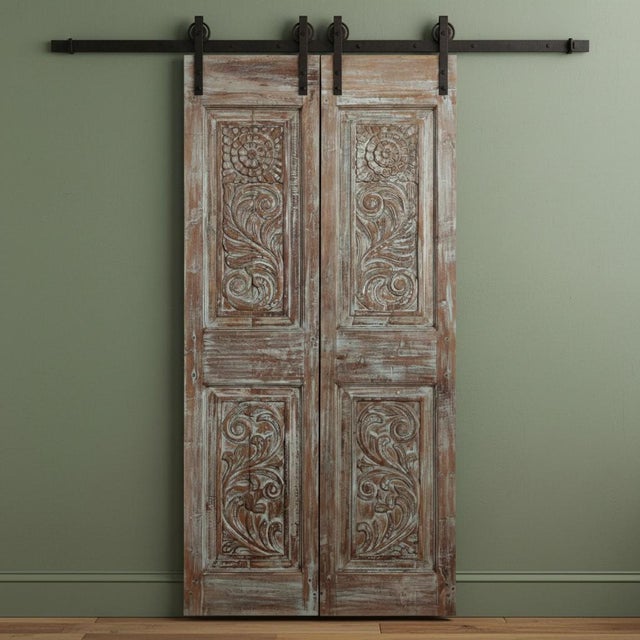 1920s Antique Artisan Carved Double Door – Distressed Blue Floral Barn Door 80x40 For Sale - Image 5 of 5