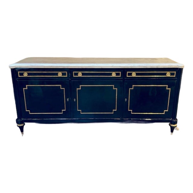 Louis XVI Style Piano Black Sideboard With a Marble Top For Sale