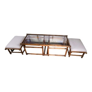 McGuire Vintage Rattan Coffee Table With Nesting Seats/Ottomans Set For Sale