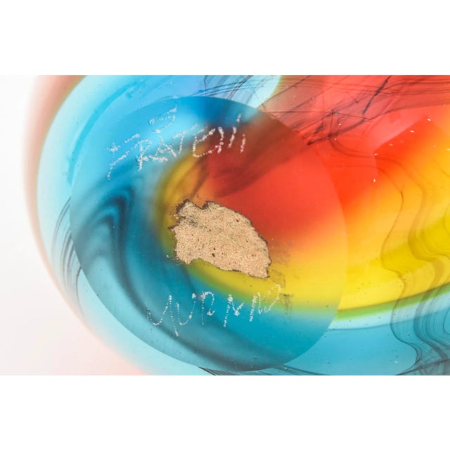 Vintage Murano Signed Italian Fratelli Glass Vase Orange Red, Turquoise, Blue, Yellow, Charcoal Black Vase, Vessel 80's For Sale - Image 11 of 12