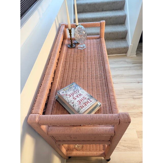 Vintage Henry Link Wicker Bar Cart / Side Table - Two Drawers & Casters For Sale - Image 11 of 12
