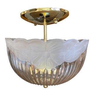 Vintage Hollywood Regency Style Light Frosted Glass & Brass Flush Mount For Sale