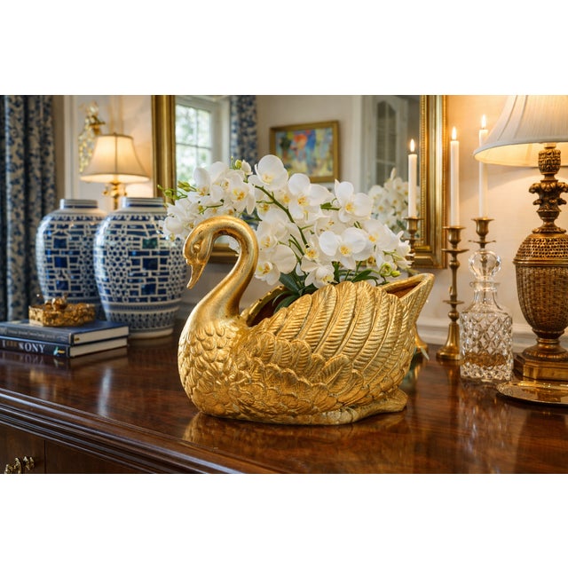Hand Gilded Ceramic Swan Centerpiece Bowl Cachepot In Distressed Gold Leaf Finish Kindly note photo number two (2) is a...