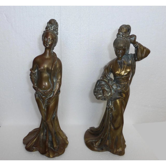 Vintage Asian Woman Figurine Holding Basket Bronze Sculpture For Sale - Image 11 of 12