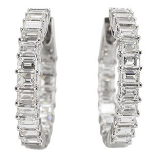 Ladies 18k White Gold 3.60ctw Inside Out Baguette Diamonds Hoop Earrings, Pair For Sale