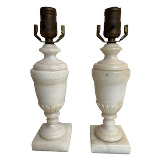 Pair of Early 20th Century Carved White Alabaster Marble Diminutive Lamps Made in Italy For Sale