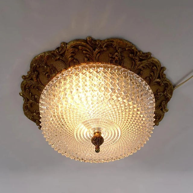 Metal Heavy Brass and Faceted Cut Glass Flush Mount with French Lily Motif For Sale - Image 7 of 10