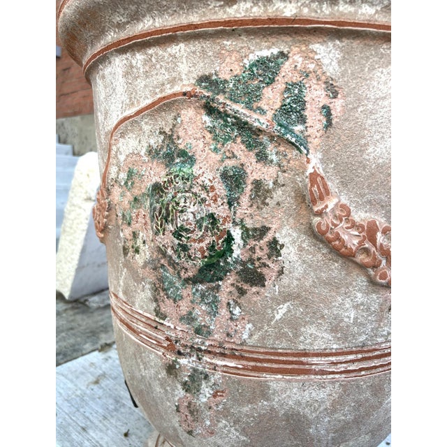 A French Terracotta Anduze Planter With Antiqued Spackle Finish and Staples For Sale - Image 9 of 12