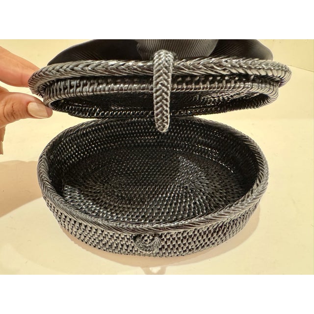 Early 21st Century Equestrian Horse Ribbonwork Round Covered Box Black Woven Keepsake For Sale - Image 5 of 7