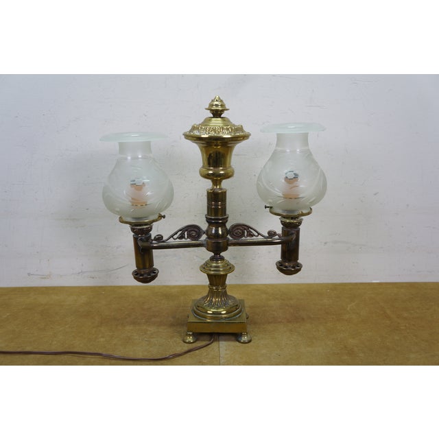 Antique Regency Brass Double Argand Hurricane Lamp Candlestick Candelabra Light For Sale - Image 12 of 18