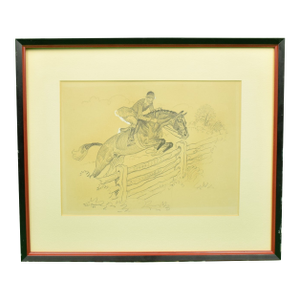 Paul Brown Original Pencil C1937 Drawing Fox-Hunter Clearing Fence