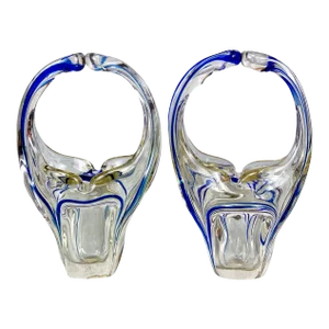 Mid-Century Italian Murano Art Glass Blue Swirled Handle Bowl Vase - a Pair