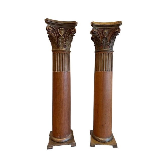Pair of Antique Hand Carved Gilt Oak Corinthian Columns/Pedestals For Sale - Image 9 of 9