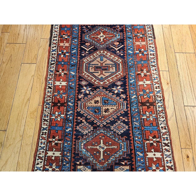 Antique Heriz Serapi Runner Rug, Hand-Knotted Wool, Geometric Pattern, Navy & Red,4x12 For Sale - Image 9 of 11
