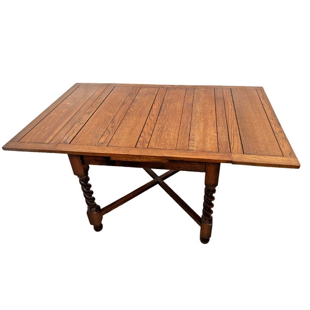 Antique Expanding Pub Kitchen Table Barley Twist Legs Quarter Sawed Tiger Oak For Sale - Image 4 of 14