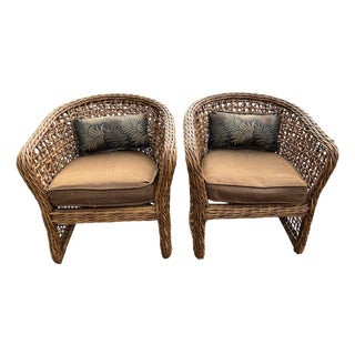 Pair of 1980s Coastal Organic Woven Rattan Barrel Chairs – "Palecek" Style For Sale