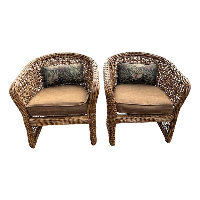 Pair of 1980s Coastal Organic Woven Rattan Barrel Chairs – "Palecek" Style For Sale