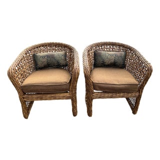 Pair of Palecek Style Woven Rattan Barrel Chairs Coastal Organic Modern For Sale