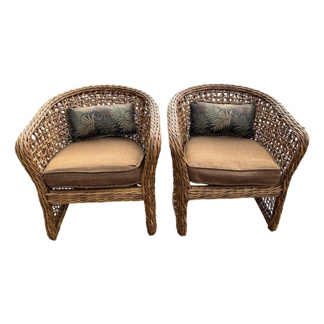 Pair of Palecek Style Woven Rattan Barrel Chairs Coastal Organic Modern For Sale