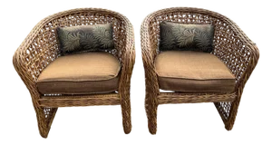 Pair of Palecek Style Woven Rattan Barrel Chairs Coastal Organic Modern